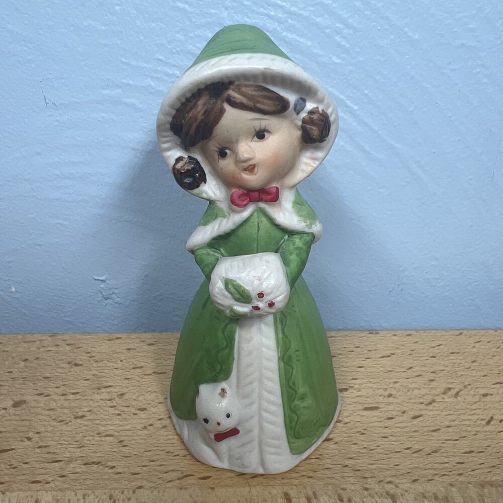 Vtg JASKO TAIWAN Holiday Belle Porcelain Lady Green Dress Bell Kitty Christmas